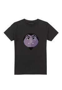 Schwarzes Baumwoll-T-Shirt mit einem lila Cartoon-Gesichtdesign mit markanten Zügen, großen Augen und einem Pferdeschwanz. Reguläre Passform, kurze Ärmel.