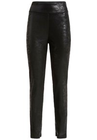 Pantalones de cuero negros con una textura suave, cinturilla alta y corte ajustado, que presentan un patrón sutil y un diseño de pierna acampanada.