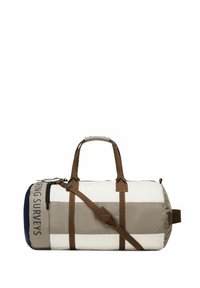 Borsa a tracolla con un design bicolore in beige e bianco, con manici e dettagli marroni, parte superiore con zip e una maniglia laterale.