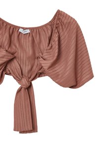 Blusa cropped in tessuto a coste marrone chiaro con maniche a sbuffo e dettaglio del nodo anteriore, etichetta visibile all'interno del collo.