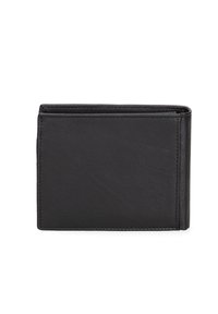 Portafoglio in pelle nera caratterizzato da una texture liscia, design pieghevole e uno stile minimalista senza hardware o accenti visibili.
