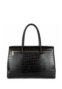 Borsa nera con motivo coccodrillo, dotata di doppio manico e chiusura a zip dorata, caratterizzata da una forma strutturata e una texture in pelle liscia.