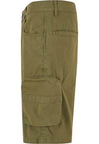 Shorts cargo verde măsliniu, dintr-un amestec de bumbac, cu un buzunar lateral, buzunare standard și bucle pentru curea. Textură netedă, design până la genunchi.