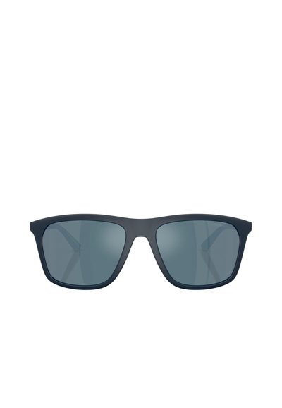 Occhiali da sole con montatura opaca blu navy, forma rettangolare, lenti scure e design elegante. Le lenti presentano una qualità riflettente.