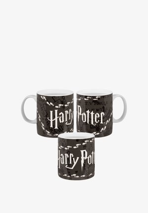 Bicchieri in ceramica di Harry Potter in nero con testo bianco. Presentano un motivo ripetitivo di simboli magici e il nome "Harry Potter."
