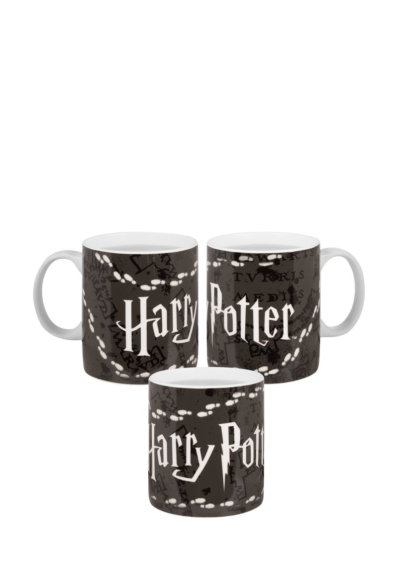 Bicchieri in ceramica di Harry Potter in nero con testo bianco. Presentano un motivo ripetitivo di simboli magici e il nome "Harry Potter."