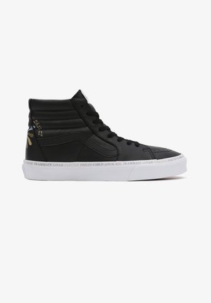 High-top black leather sneaker with white rubber sole, featuring embroidered text on the midsole and a decorative graphic on the heel.