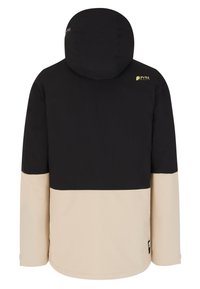 Veste bicolore noire et beige avec capuche, manches longues et petit logo jaune PVRE sur le haut du dos à droite.