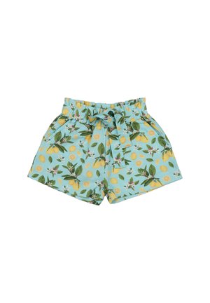 Light blue shorts with elastic waist and tied belt, featuring yellow lemon and green leaf print pattern.