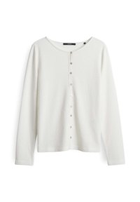 Weißer Strickcardigan mit langen Ärmeln aus strukturierter Fabrik, mit rundem Ausschnitt und sechs metallischen Druckknöpfen auf der Vorderseite.