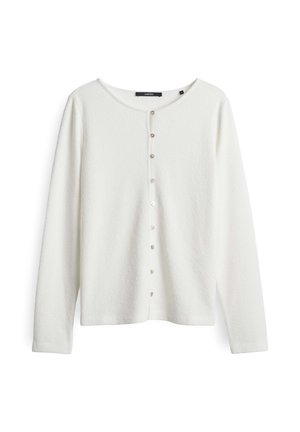 Cardigan bianco a maniche lunghe realizzato in tessuto testurizzato, con scollo rotondo e sei bottoni a pressione metallici sul davanti.
