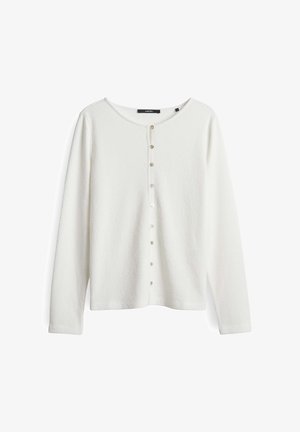 Witte lange mouwen cardigan van textuurstof, met een ronde halslijn en zes metalen drukknoopjes aan de voorkant.