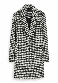 Houndstooth-gepatroonde jas in zwart en wit, met een reverskraag, twee knopen en een rechte snit met lange mouwen.