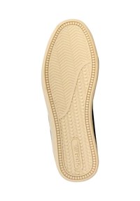 Sole of a shoe with a textured beige rubber surface, featuring a zigzag pattern and circular accents near the heel. Marked with brand logo.