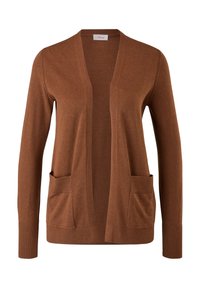 Hnědý cardigan s výstřihem do V, otevřeným předkem a dvěma předními kapsami, vyrobený z jemného pleteného materiálu s žebrovanými manžetami a lemem.