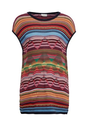 Multikleurige gebreide top met een ronde halslijn, korte mouwen, voorzien van geometrische patronen in rode, blauwe en groene tinten. Gekreukt stof.