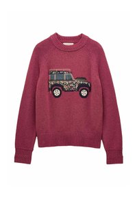 Sügavroosa paeltega pullover, millel on soonikkoes varrukad ja allserv. Ees on tikitud lilledega kaunistatud sõiduki kujutis. Pehme tekstuur.