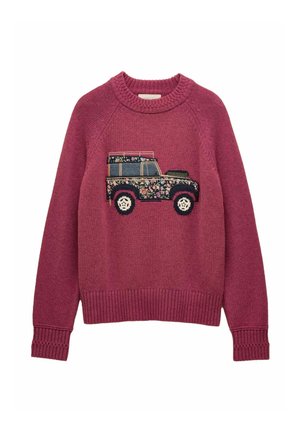 Adīts džemperis dziļi rozā krāsā ar ribu aprocēm un apakšmalu. Priekšpusē ir izšūta ziedu kravas automobilis. Mīksta tekstūra.