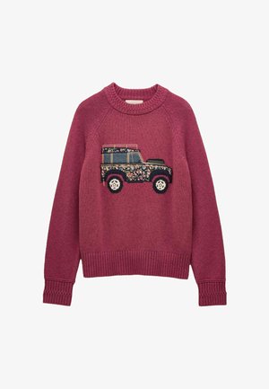 Adīts džemperis dziļi rozā krāsā ar ribu aprocēm un apakšmalu. Priekšpusē ir izšūta ziedu kravas automobilis. Mīksta tekstūra.