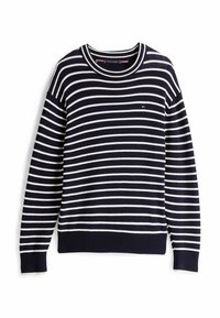 Maglione a righe blu navy con righe orizzontali bianche, polsini e orlo a coste, collo rotondo e un piccolo logo sul petto.
