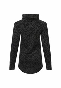 Schwarzes Langarmoberteil mit Leopardenmuster, Kollerkragen-Design und abgerundetem Saum. Hergestellt aus weichem, strukturiertem Stoff.