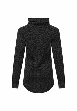 Zwarte longsleeve top met een luipaardprint, een funnelnek ontwerp en een ronde zoom. Gemaakt van zachte, gestructureerde stof.