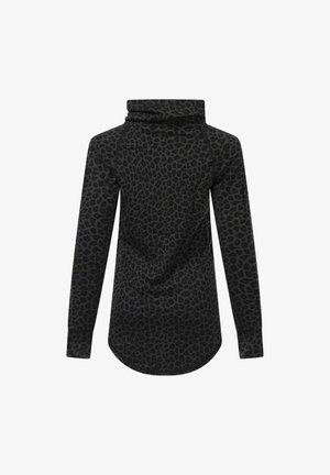 Schwarzes Langarmoberteil mit Leopardenmuster, Kollerkragen-Design und abgerundetem Saum. Hergestellt aus weichem, strukturiertem Stoff.