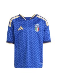 Modrý futbalový dres s krátkym rukávom s listovým vzorom, zlatými akcentmi a logom Talianska. Vyrobený z priedušného polyesterového materiálu.