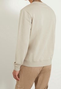 Sudadera de algodón beige con mangas largas, puños y dobladillo acanalados. Presenta un cuello redondo y una textura suave. Vista trasera mostrada.