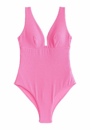 Ružové jednocelkové plavky s textúrou, hlbokým výstrihom do V a širokými ramennými popruhmi.