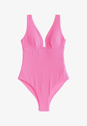 Rosa strukturierter Einteiler mit tiefem V-Ausschnitt und breiten Schulterträgern.