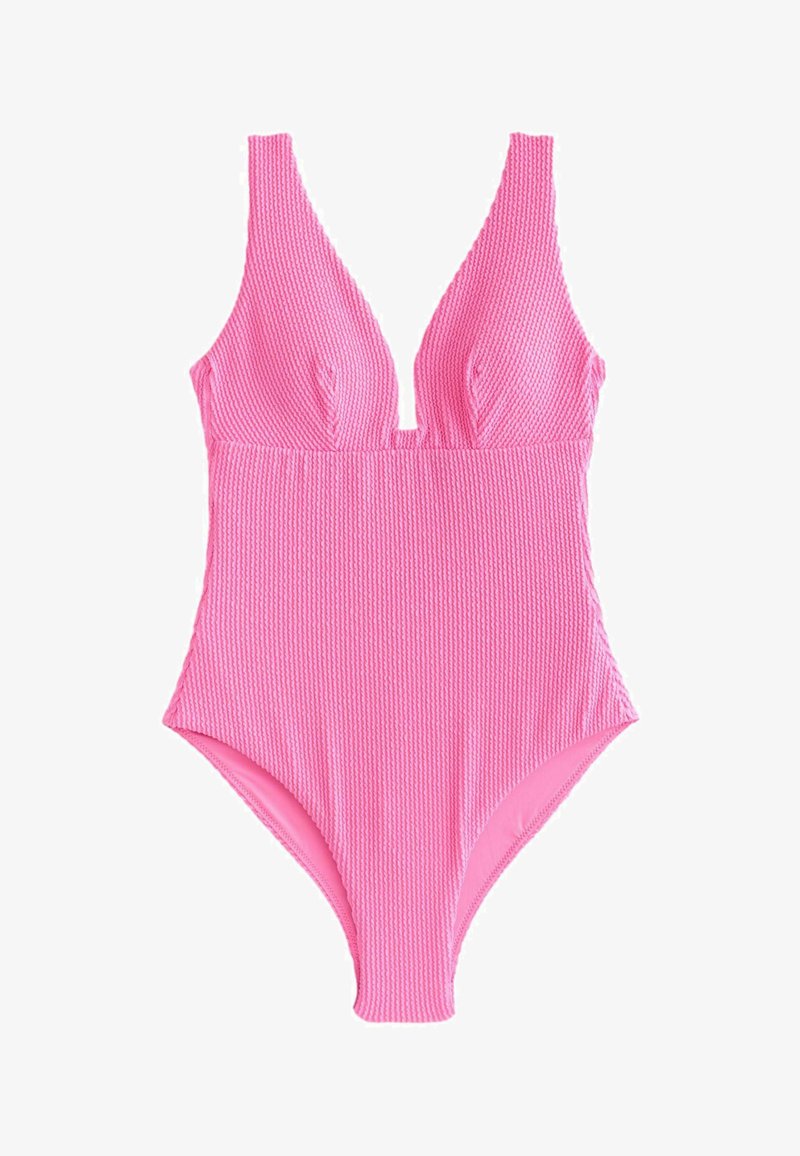 Maillot de bain une pièce texturé rose avec un décolleté en V profond et de larges bretelles.