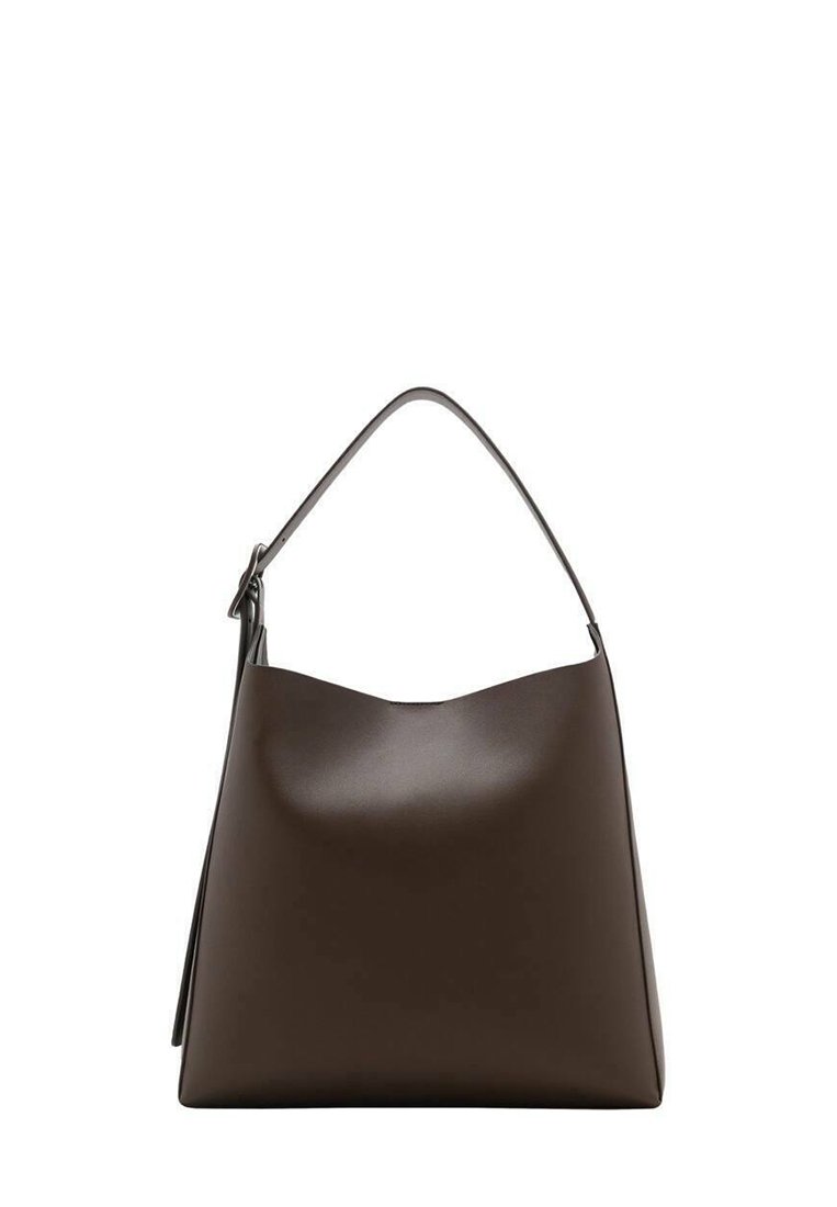 Brown leather handbag with a curved top, single shoulder strap, and a smooth texture. Features a minimalist design and an open closure.