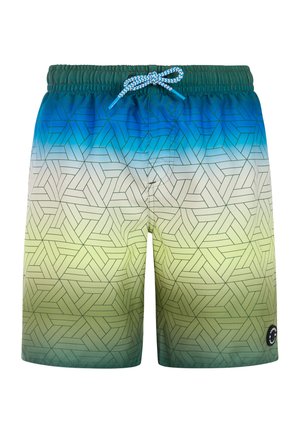 Bañador con cintura elástica verde, degradado de azul a verde, patrón geométrico, cordón azul y blanco, y pequeño logo circular negro en la pierna.