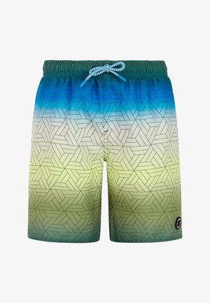 Zwemshort met groene elastische tailleband, blauw-groene kleurverloop, geometrisch patroon, blauw-wit aantrekkoord en klein zwart rond logo op het been.