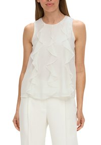 Weiße ärmellose Bluse mit geschichteten Rüschen an der Vorderseite. Leichter Stoff mit glatter Textur, lässige Passform.