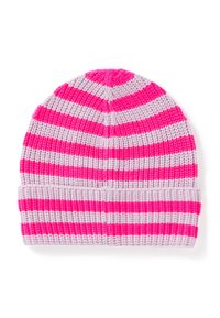 Berretto in maglia con strisce orizzontali alternate rosa e grigio chiaro, caratterizzato da un risvolto e una cima arrotondata con una finitura testurizzata.
