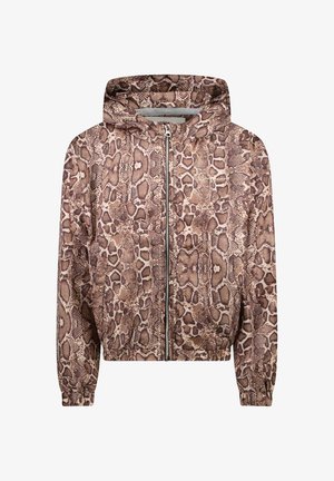 Gewatteerd jack met een bruin- en beige slangenhuidpatroon, ritssluiting aan de voorkant, elastische manchetten en zoom, gemaakt van een lichtgewicht stof.