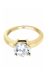 Guldring med en stor oval klar ædelsten, sikret med fire klør, med en glat skærv der viser et stemplet på 375.