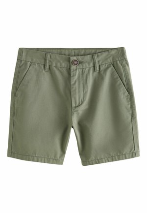 Pantaloni scurți pentru bărbați din material verde măsliniu, cu închidere cu nasturi, două buzunare frontale, croială dreaptă și textură netedă.