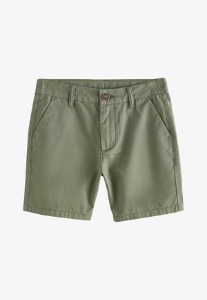 Męskie szorty w oliwkowozielonym materiale, z zapięciem na guzik, dwoma przednimi kieszeniami, prostym krojem i gładką fakturą.