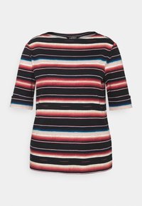 Pruhovaný krátký rukáv tričko v černé barvě, s horizontálními pruhy červené, modré, bílé a béžové. Kulatý výstřih, hladká textura, uvolněný střih.