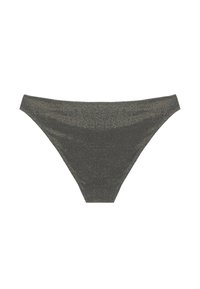 Bikini inferior gris oscuro con una textura brillante, que presenta una forma clásica de tiro bajo y bordes limpios y suaves.