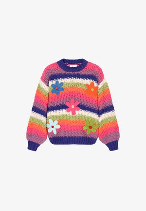 Wielokolorowy sweter dzianinowy z okrągłym dekoltem, z poziomymi paskami w kolorach różowym, fioletowym, zielonym i niebieskim, ozdobiony aplikacjami w kształcie kwiatów.