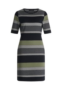 Robe en tricot avec des rayures horizontales bleu marine, vert olive et beige. Encolure ronde, manches courtes et tissu texturé.