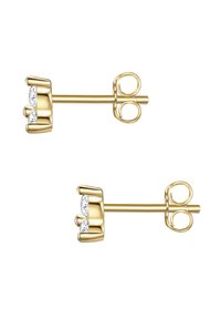 Guldstiftörhängen med en kronliknande design, som har tre klara ädelstenar på toppen. Slät yta och fjärilslås.