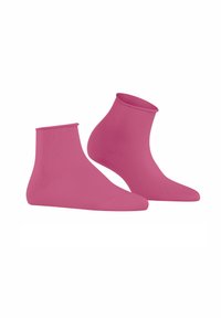 Różowe skarpetki kostkowe wykonane z gładkiego, elastycznego materiału. Posiadają żeberkowy mankiet i bezszwowy koniec stopy dla większego komfortu.
