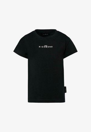Czarna bawełniana koszulka z krótkim rękawem, z białym logo "JOHN RICHMOND" na piersi oraz detalem wszywki z boku.