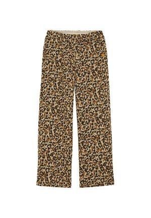 Pantalons amples de couleur marron avec un motif léopard en noir, marron foncé et or sur fond beige, dotés d'une taille élastique.