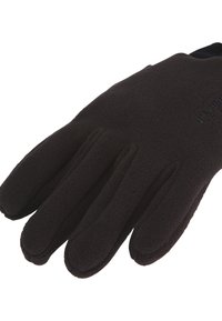 Schwarze Fleece-Handschuhe mit fünf Fingerfächern, weicher Textur, elastischem Handgelenk und dezenter eingeprägter Markenlogo auf der Rückseite.